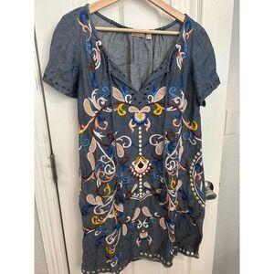 Holding Horses Anthropologie Embroidered Chambray Tassel Shift Dress Blue US 2